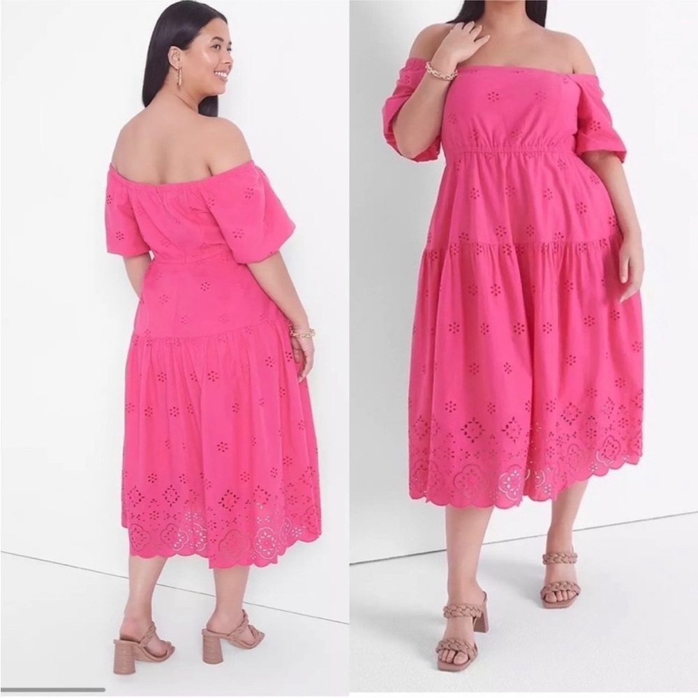 Lane Bryant Hot Pink Eyelet Off Shoulder MIDI Dress Sz 14
